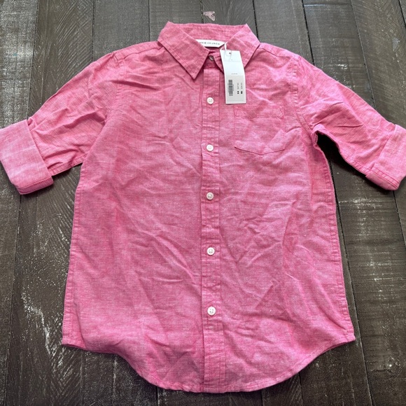 JANIE AND JACK NWT Red/Pink Linen Cotton Blend Boys Button Down Shirt Size 6 - Picture 1 of 6